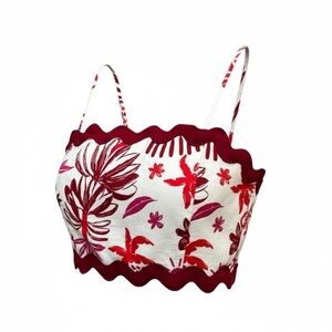 Caroline Constas Top Scalloped Crop Smocked Cream Red Island Floral sz Small